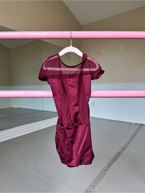 Girls Contemporary Modern Burgundy Mesh Yoke Short Sleeve Leotard With Shorts